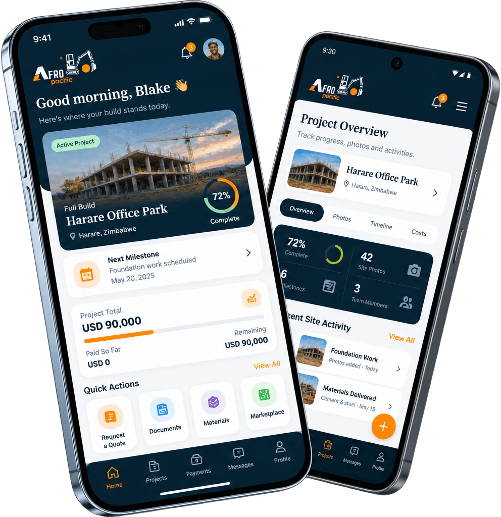 Two phones running the AfroPacific app, showing a project dashboard at 72 per cent complete and a project overview with dated site photography