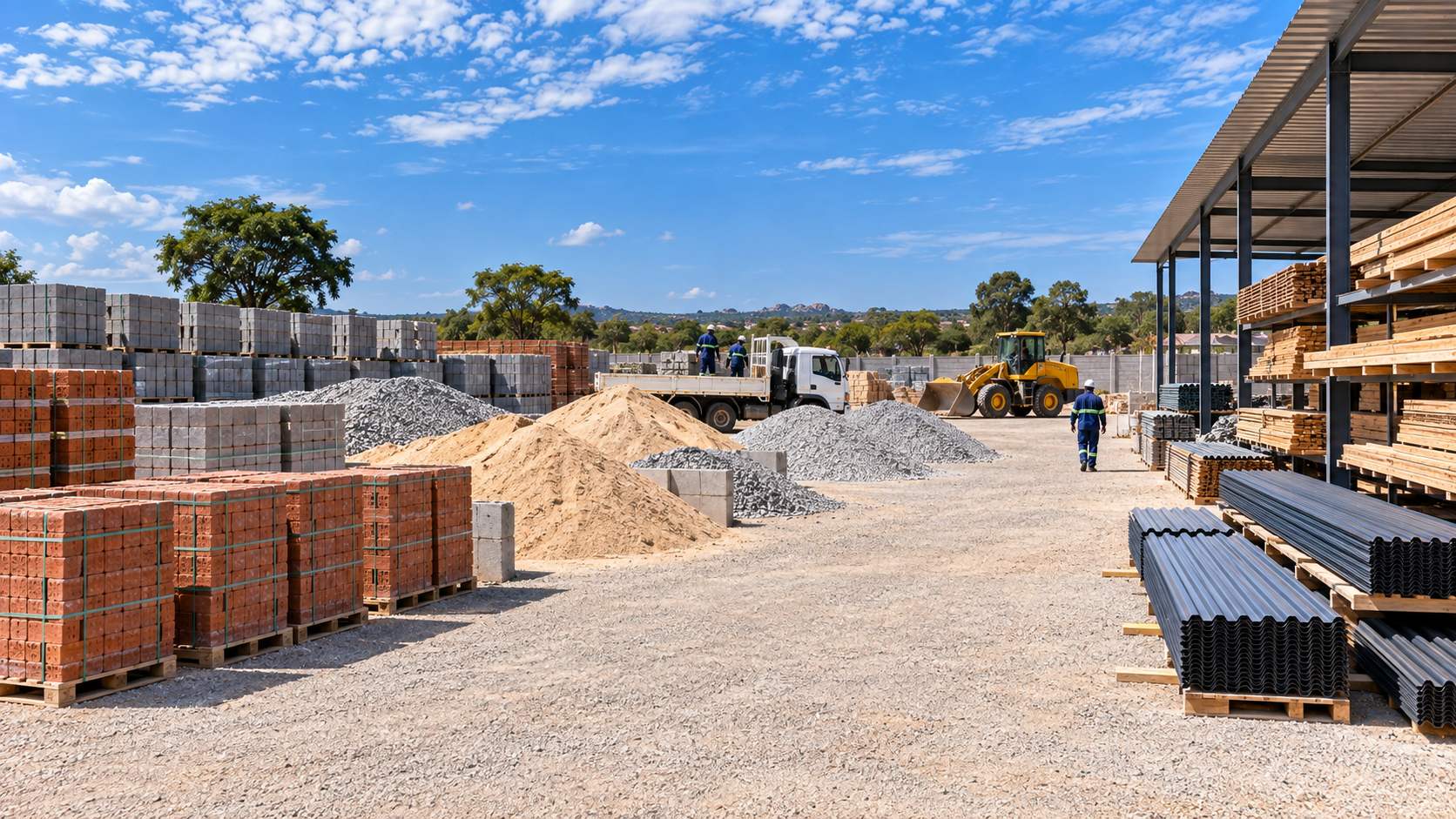 The AfroPacific yard in Ruwa: stacked bricks and blocks, graded sand and stone, and racked roof sheeting