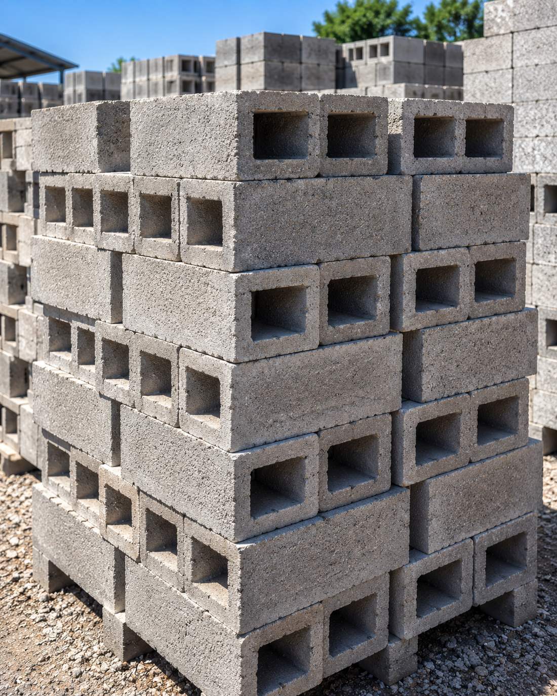 Hollow-core concrete blocks stacked in interlocking rows