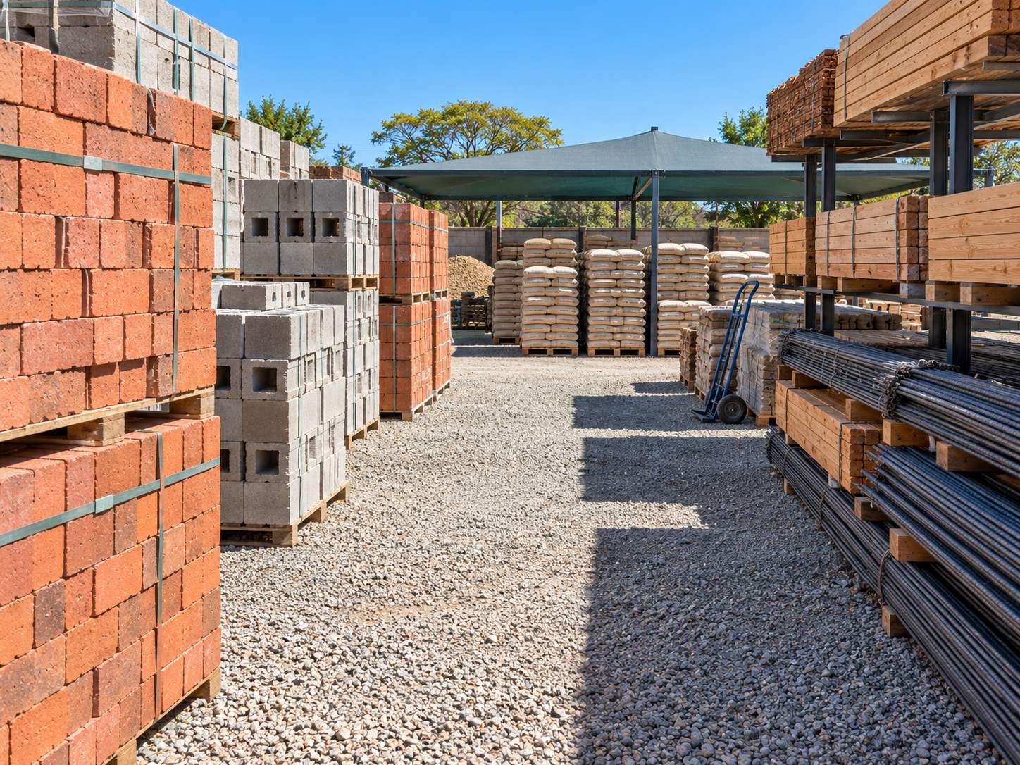 An aisle of the yard with bricks, blocks, racked timber and reinforcing steel