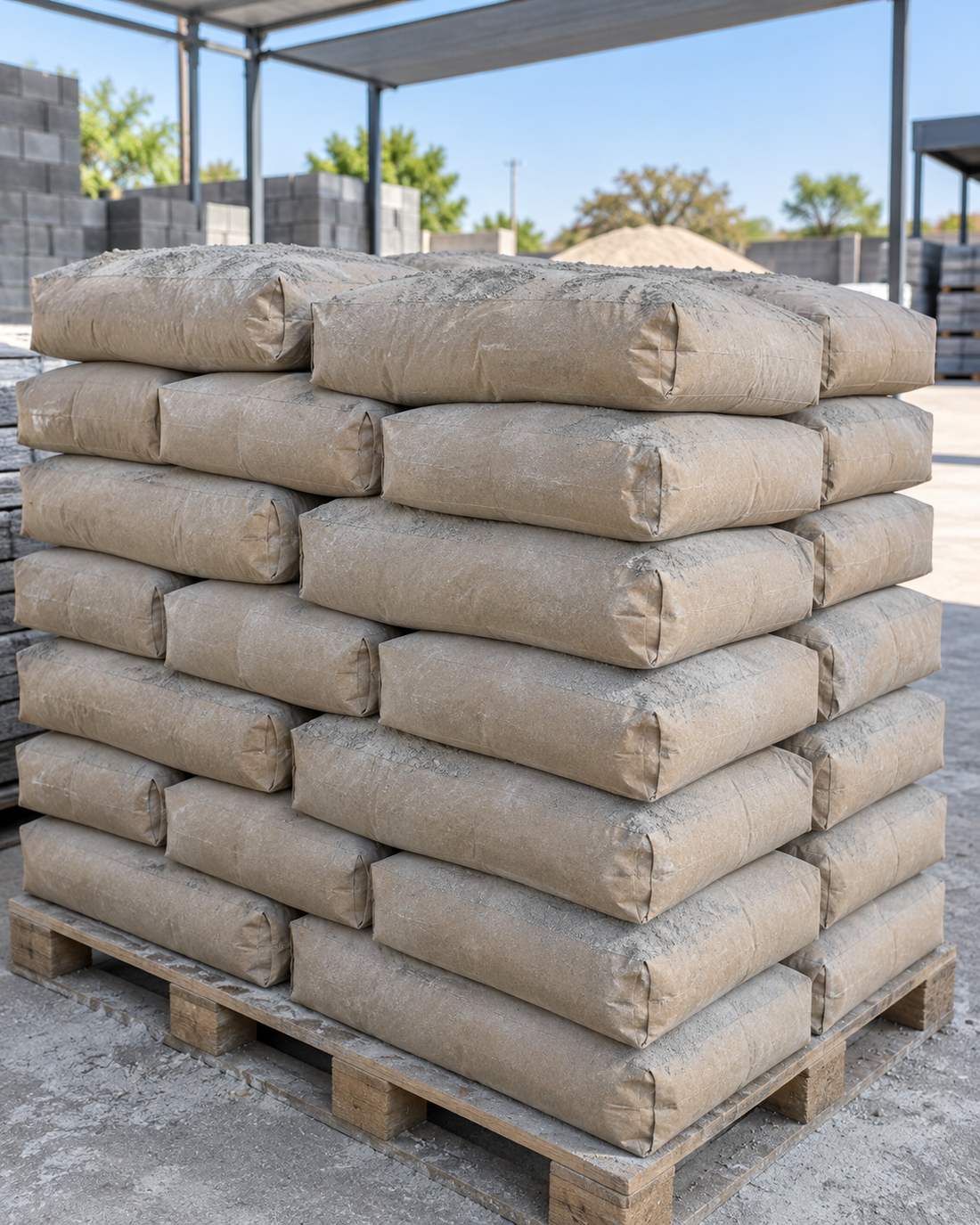 Stacked cement bags on a pallet in the yard at Ruwa