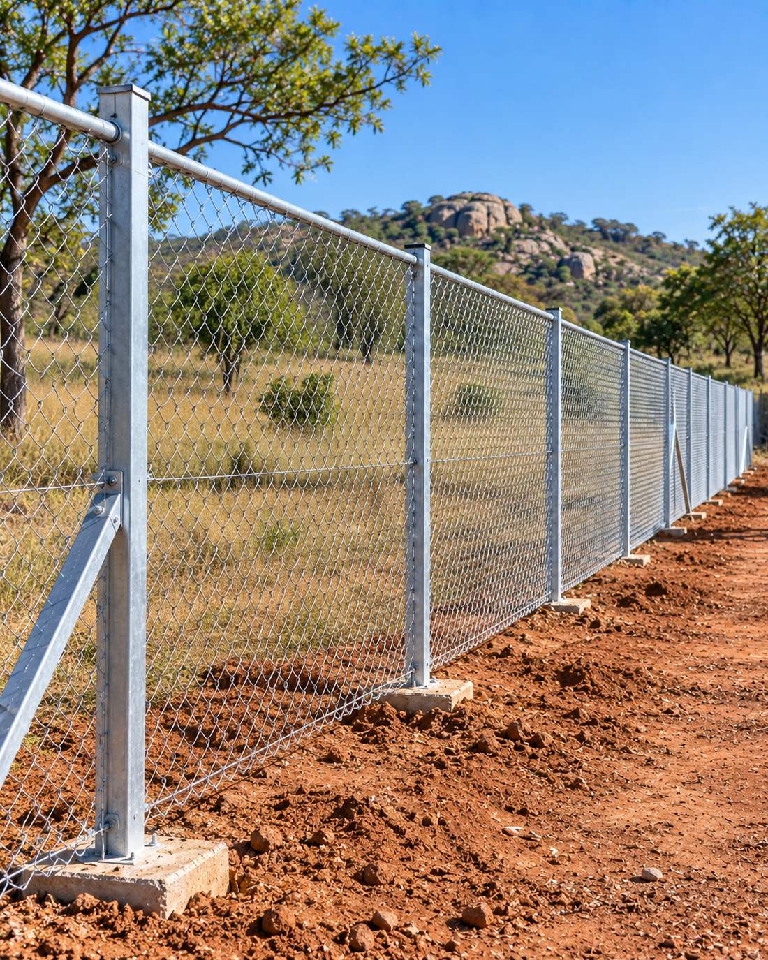 Diamond-mesh fencing tensioned on steel posts along a cleared property boundary