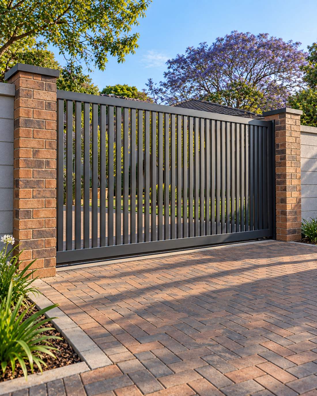 A charcoal steel sliding gate installed between brick pillars on a paved driveway