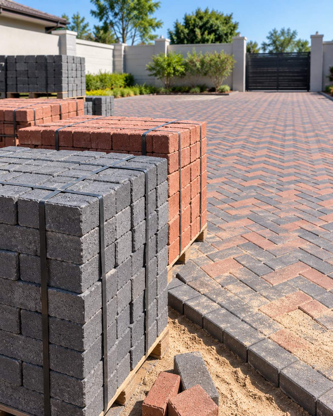 Charcoal and terracotta pavers stacked beside a freshly laid herringbone driveway