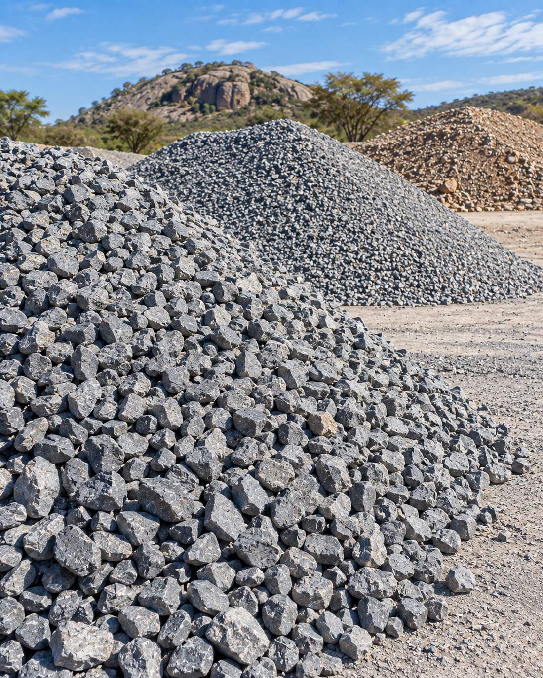 Stockpiles of 19mm and 13mm crushed granite aggregate