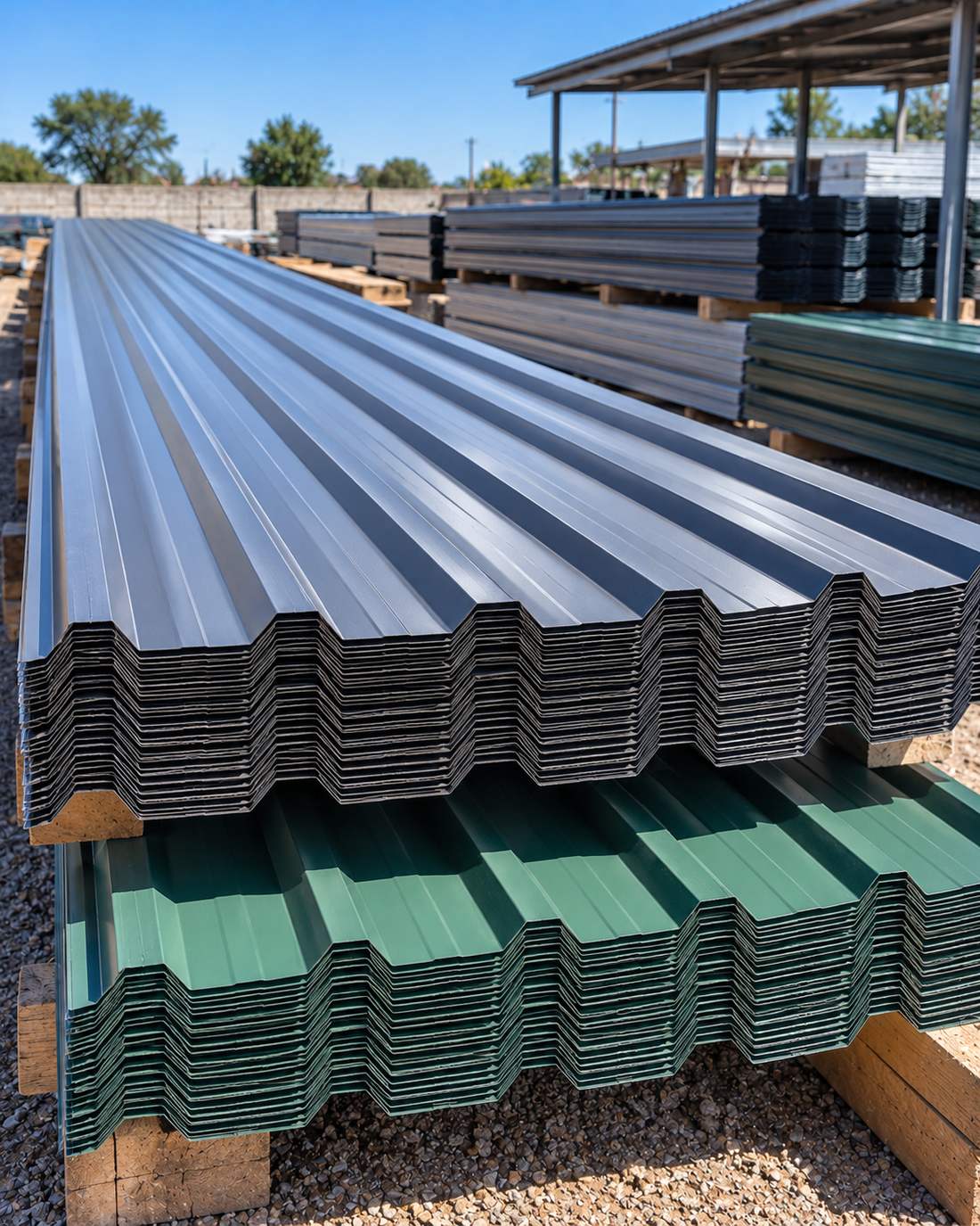 IBR roof sheets cut to length and stacked on trestles