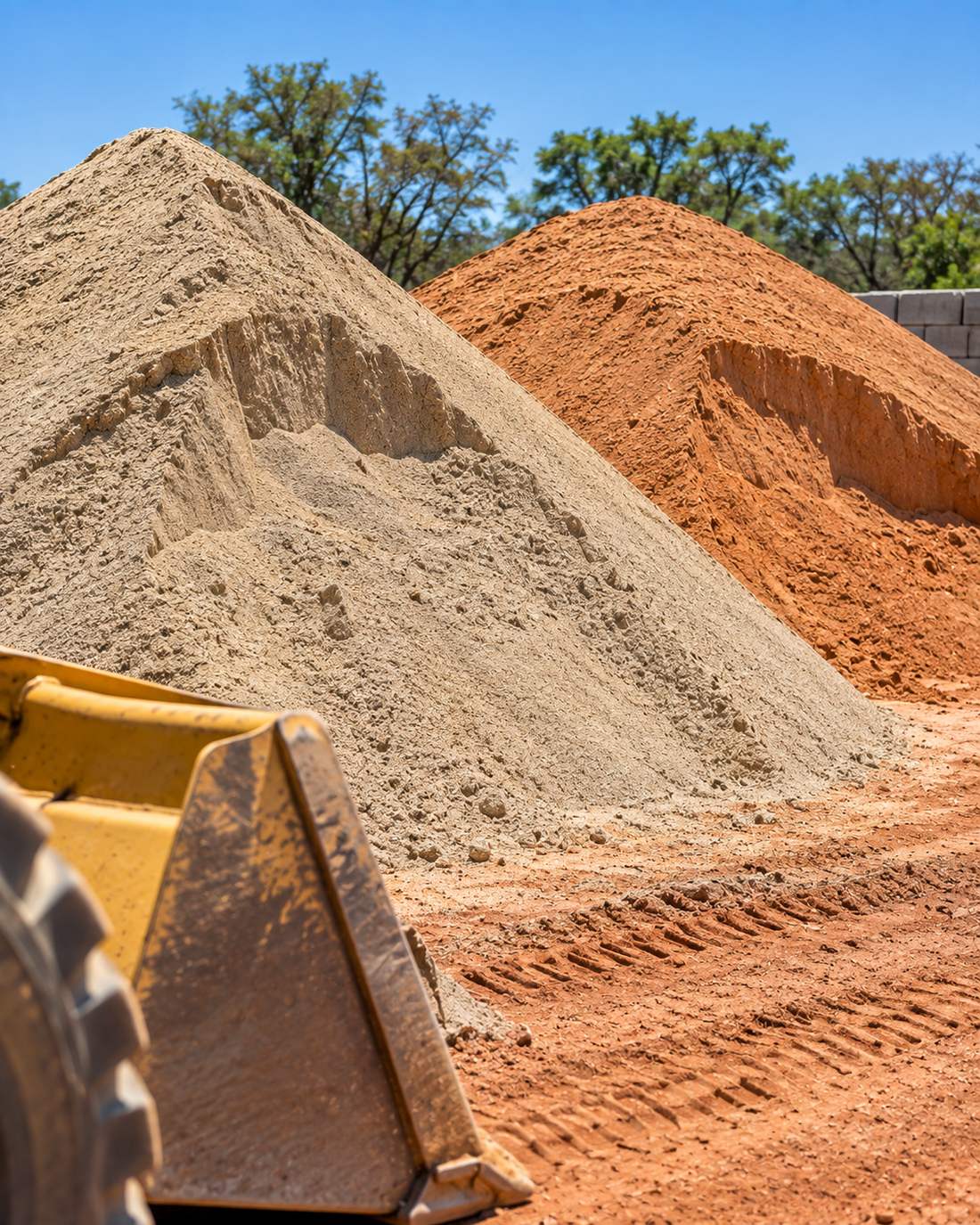 Graded river sand and pit sand stockpiled at the yard